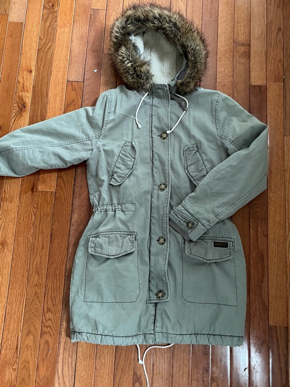 Abercrombie & Fitch Sage Green Sherpa-Lined Parka with Faux Fur Hood